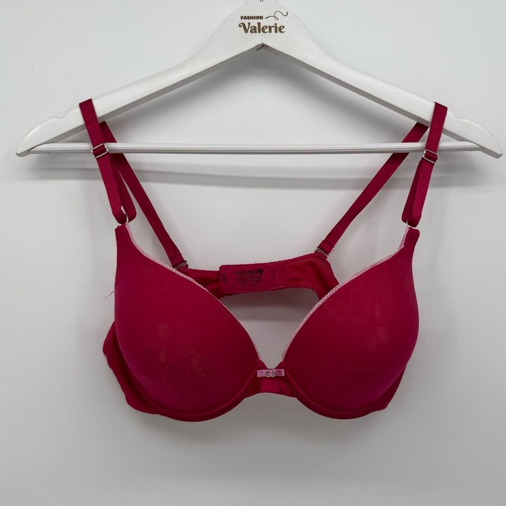 Lily of France Hot Pink Pushup Classic Bra Size 34C Bow Floral